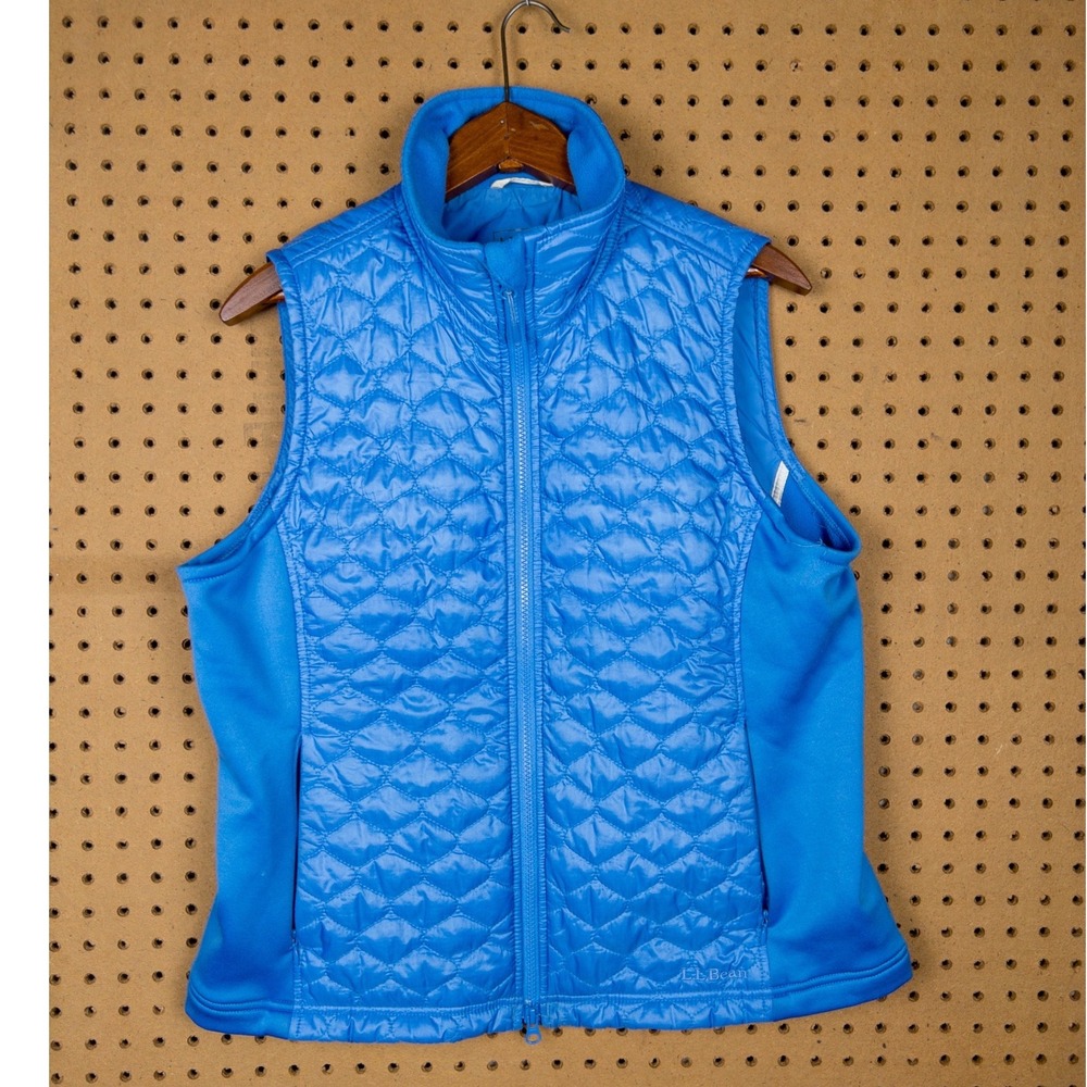 LL Bean‎ Womens Quilted Hybrid Vest Blue Full Zip Fleece Collar Large OHMS9